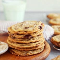 Stacks of brown butter chocolate chip cookies.