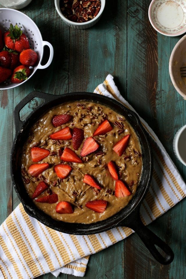 Brown Butter Banana Skillet Cake with Strawberries and Pecans