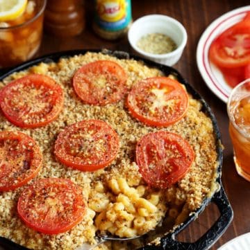 Low sodium mac and cheese recipe cooked until bubbly in cast iron skillet.